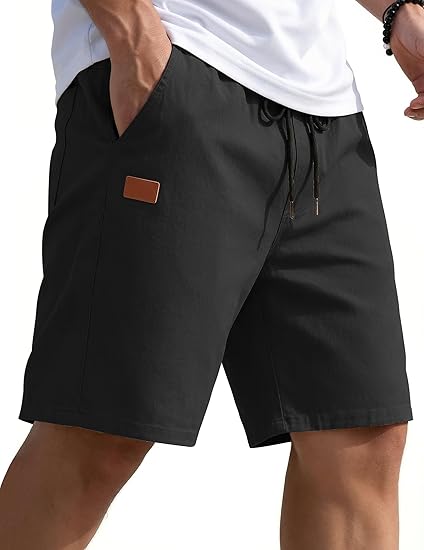 Mens Casual Shorts 9" Chino Cotton Shorts Summer Beach Drawstring Shorts with Pockets