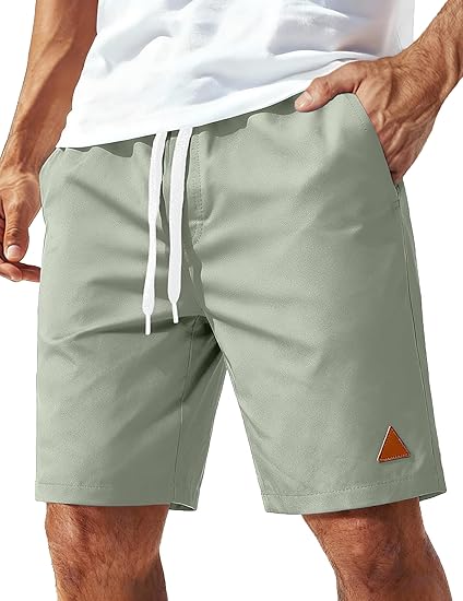 Men's Casual Shorts 9'' Cotton Drawstring Elastic Waist Lightweight Summer Beach Shorts with Pockets